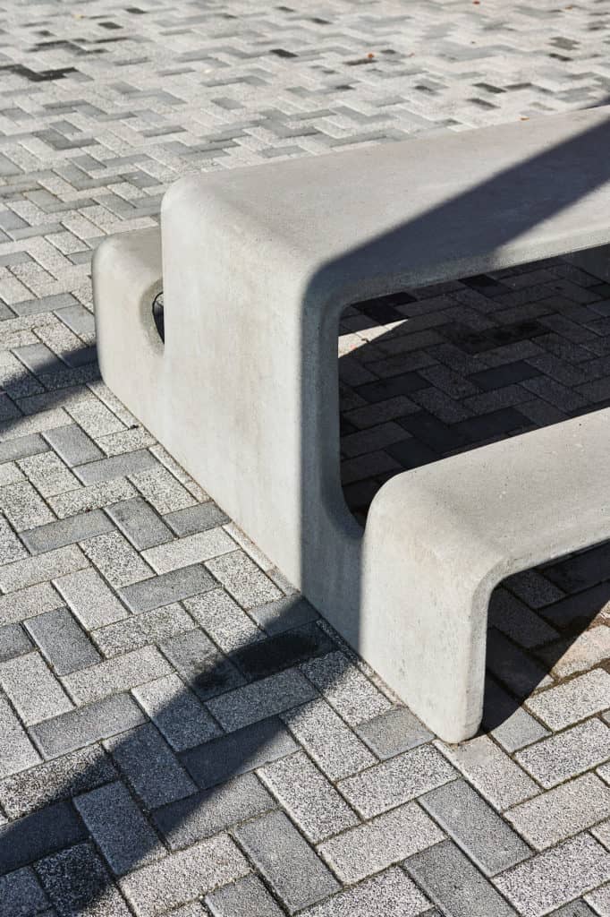 Picnic table with built-in benches; innovative design produced by Durbanis