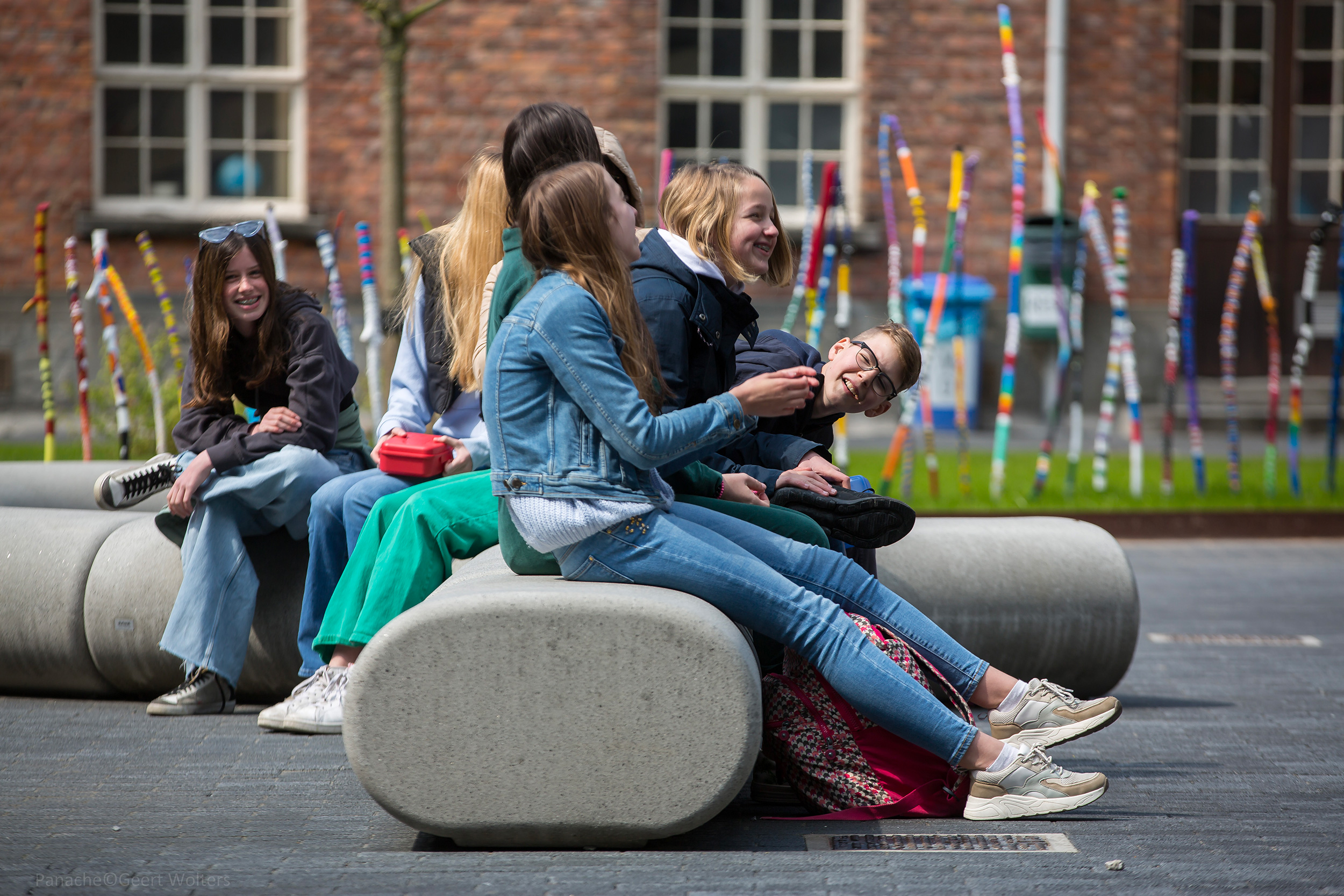 Students taking a break at the Leiepoort Campus in Deinze, Belgium