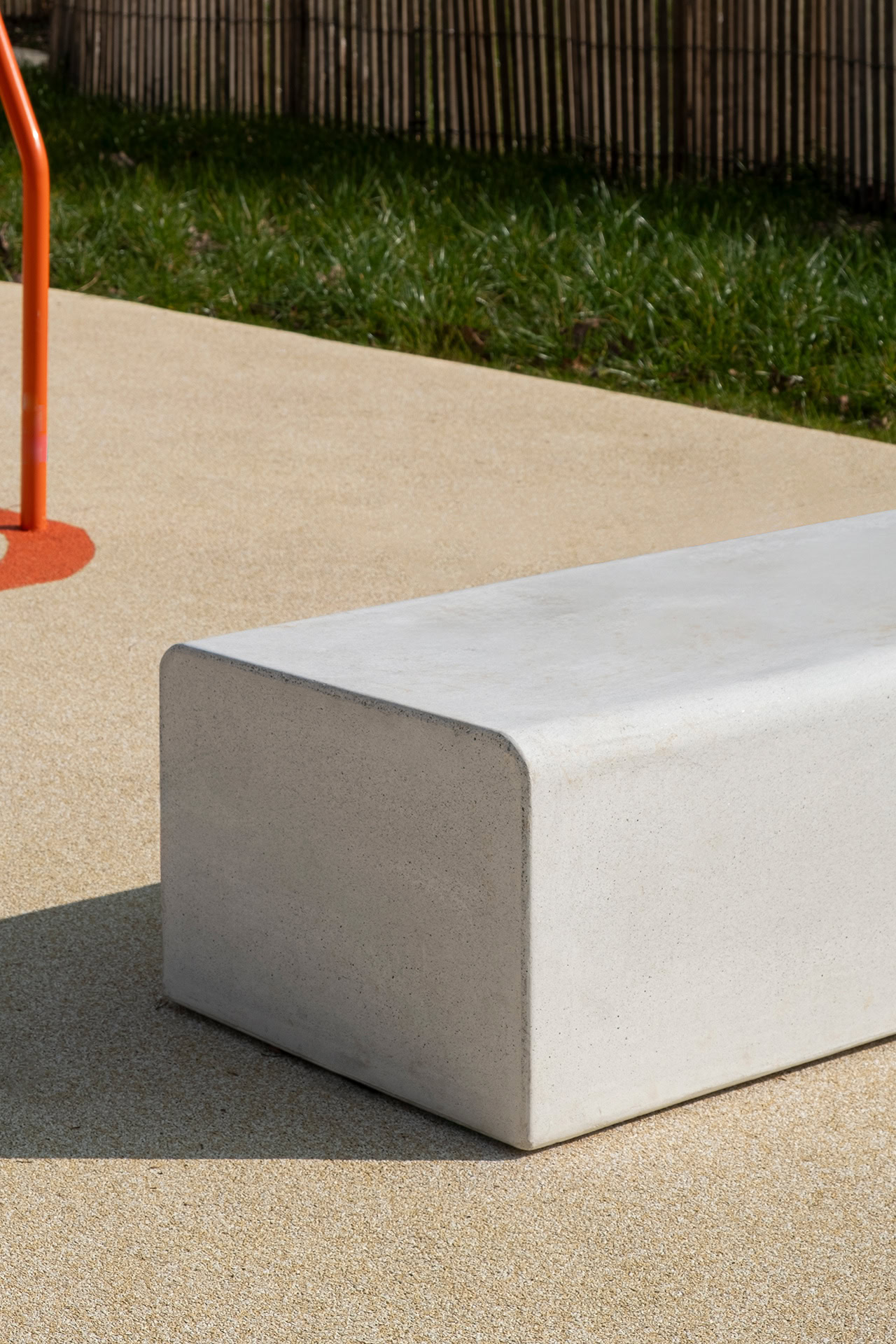 Linear bench produced by Durbanis, in the park of Asnieres sur Seine in Paris